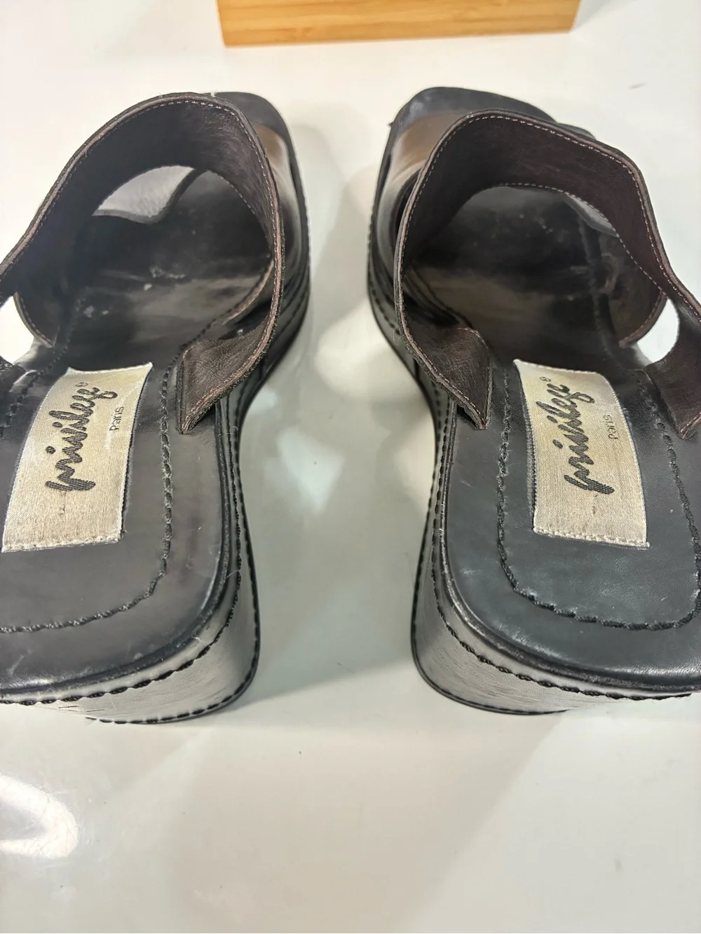 VTG Privilege Paris 40 Women’s 90s Black Leather Platform Wedge Slide Sandals